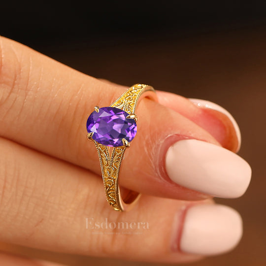 Solid 14k Yellow Gold Vintage Oval Cut Amethyst Engagement Rings Carved Vine Bridal Ring