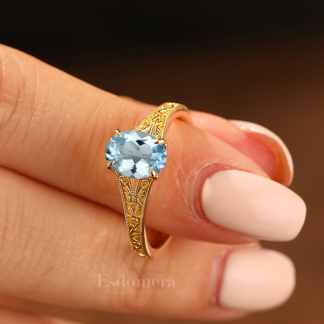Solid 14k Gold Vintage Oval Cut Aquamarine Engagement Rings Carved Vine Bridal Ring