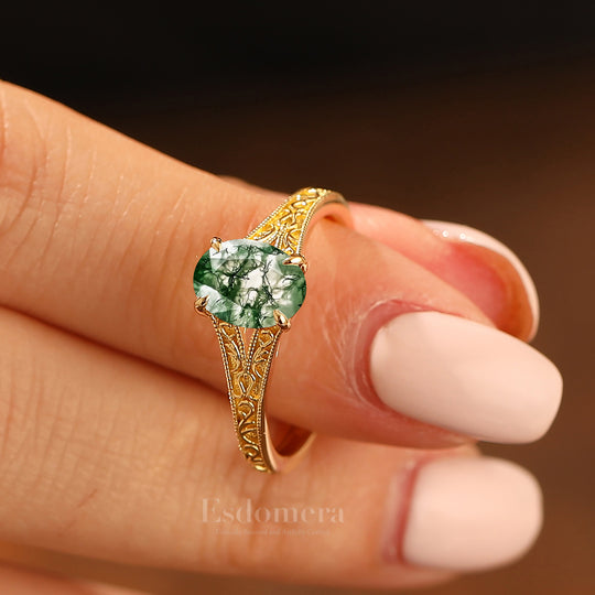 Solid 14k Yellow Gold Vintage Oval Cut Moss Agate Engagement Rings Carved Vine Bridal Ring