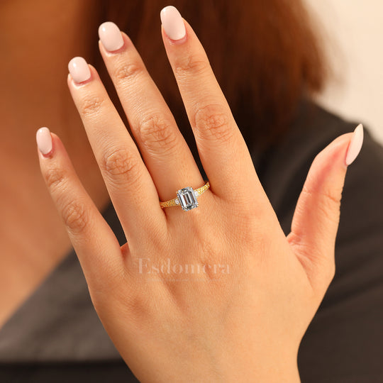 Unique Filigree 2CT Vintage Style Emerald Cut Lab Grown Diamond Promise Ring (IGI Certified)
