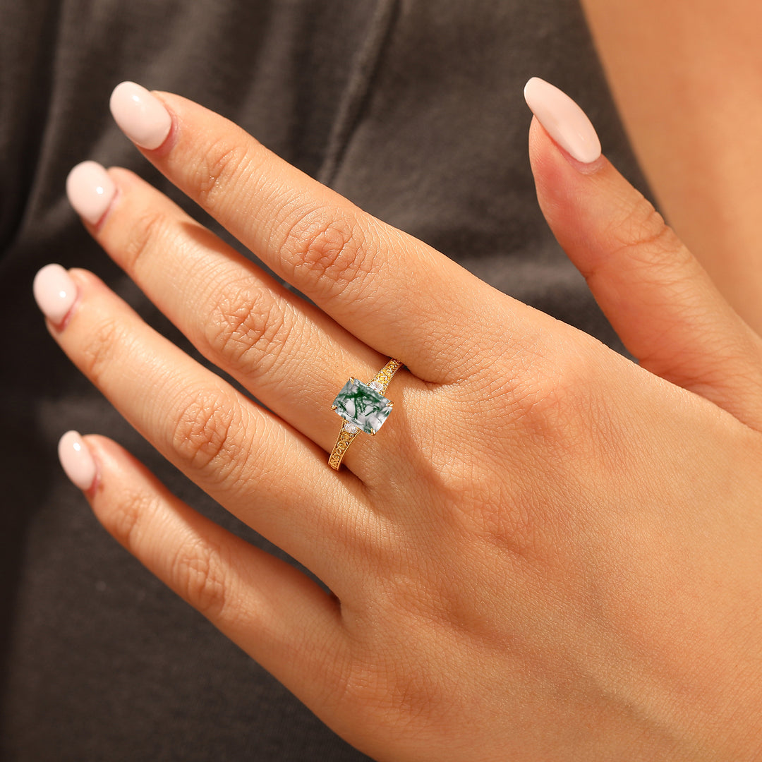 2CT Anillo Nupcial de Ágata Musgosa Corte Esmeralda Banda de Oro Amarillo Anillo de Boda Floral Grabado para Mujer