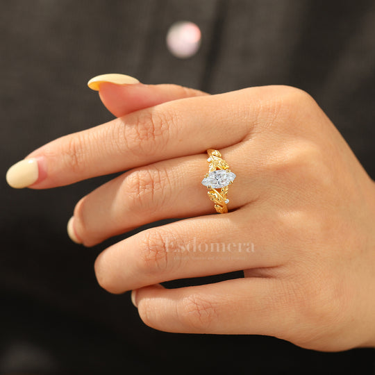 Elegant Artistic Leaf Moissanite Ring 14K Gold Nature Inspired Engagement Ring