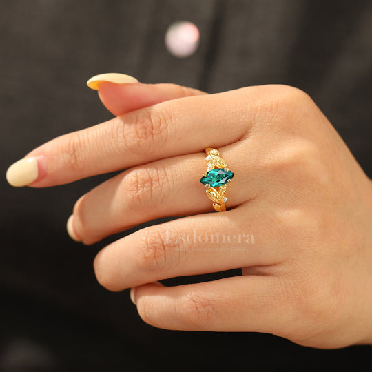 Artsy Twig Sprig 1CT Marquise Emerald Wedding Ring Double Prong Setting Solid Gold Bridal Ring