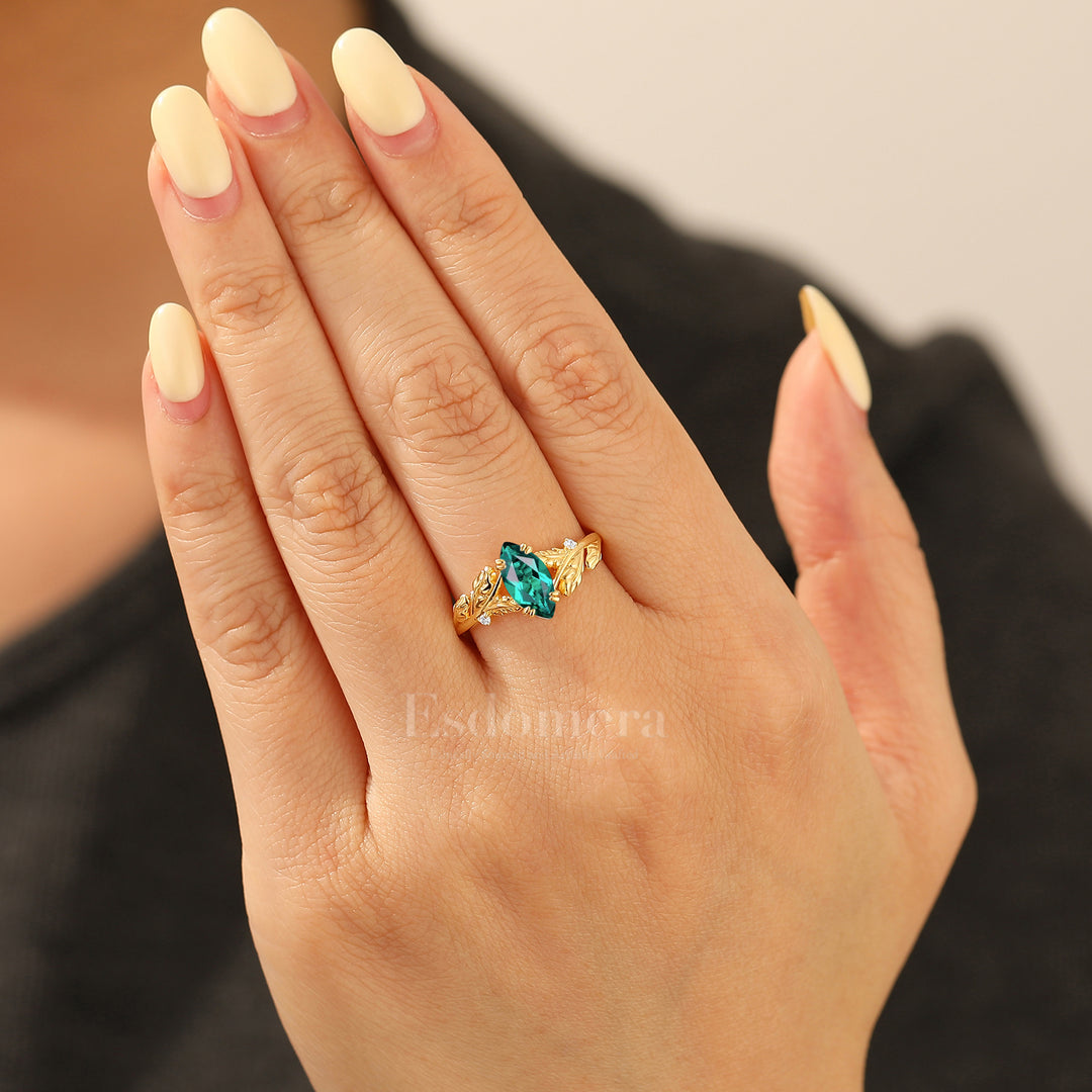 Artsy Twig Sprig 1CT Marquise Emerald Wedding Ring Double Prong Setting Solid Gold Bridal Ring