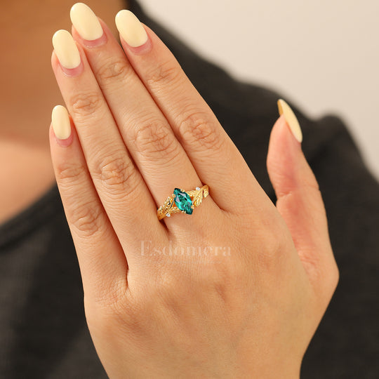 Artsy Twig Sprig 1CT Marquise Emerald Wedding Ring Double Prong Setting Solid Gold Bridal Ring