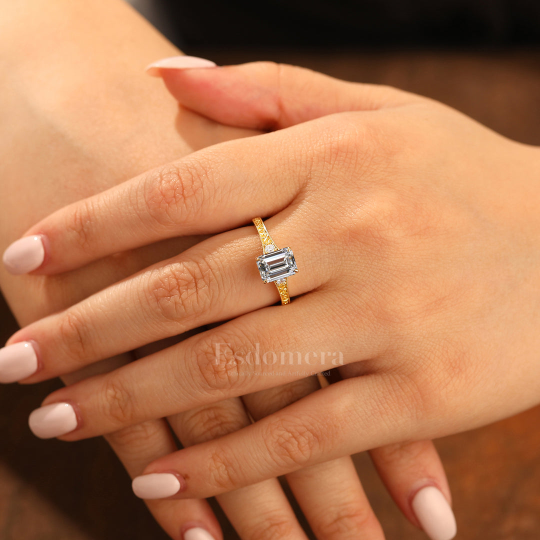 Unique Filigree 2CT Vintage Style Emerald Cut Lab Grown Diamond Promise Ring (IGI Certified)
