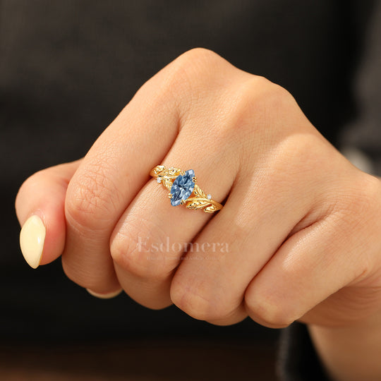 Artistic Leaf Marquise Blue Grey Moissanite Engagement Ring Botanical Inspired Ring For Women