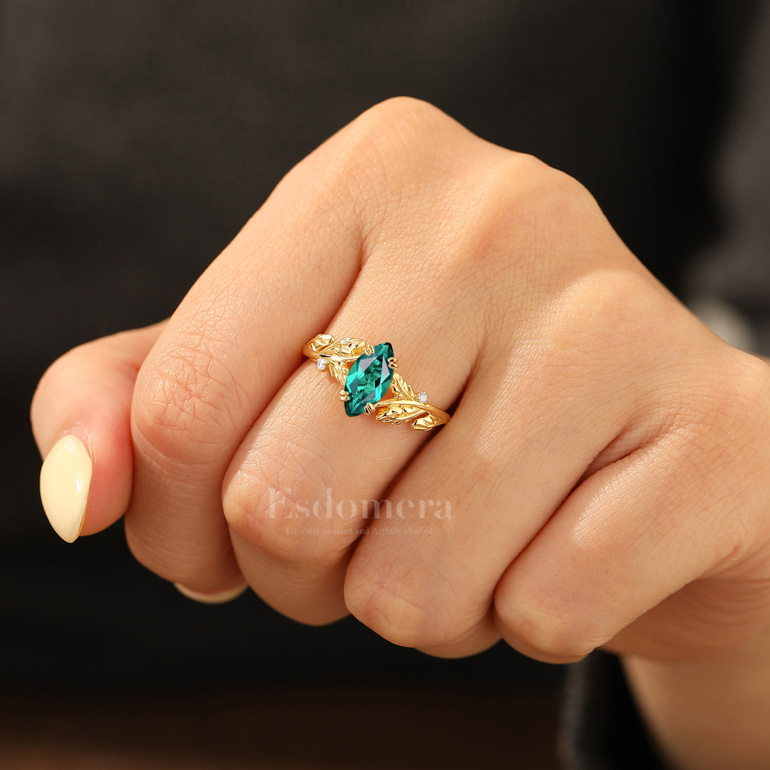 Artsy Twig Sprig 1CT Marquise Emerald Wedding Ring Double Prong Setting Solid Gold Bridal Ring