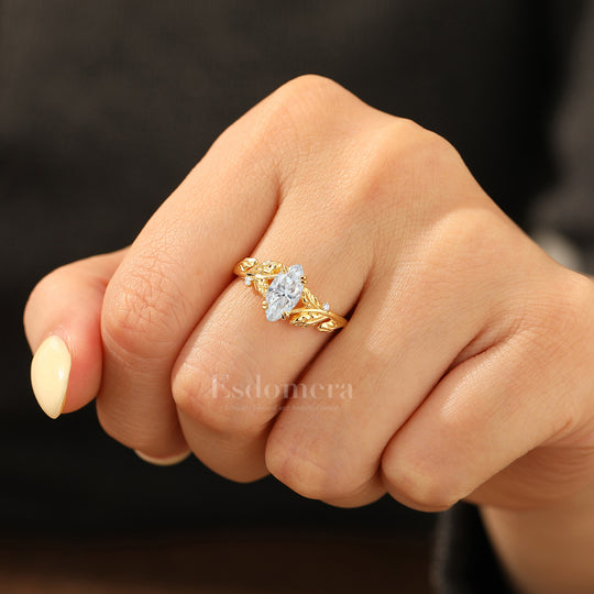 Elegant Artistic Leaf Moissanite Ring 14K Gold Nature Inspired Engagement Ring