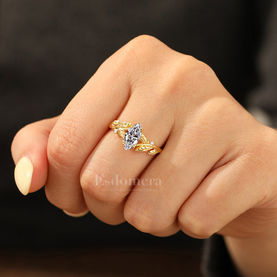 Double Claw Setting	Marquise Cut Lab Grown Diamond Engagement Ring Foliage Textured Wedding Ring (IGI Certified)