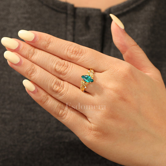 Artsy Twig Sprig 1CT Marquise Emerald Wedding Ring Double Prong Setting Solid Gold Bridal Ring