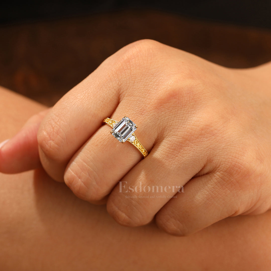 Unique Filigree 2CT Vintage Style Emerald Cut Lab Grown Diamond Promise Ring (IGI Certified)