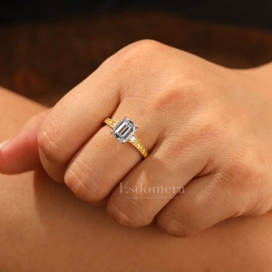 Unique Filigree 2CT Vintage Style Emerald Cut Lab Grown Diamond Promise Ring (IGI Certified)