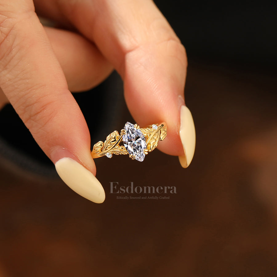 Double Claw Setting	Marquise Cut Lab Grown Diamond Engagement Ring Foliage Textured Wedding Ring (IGI Certified)
