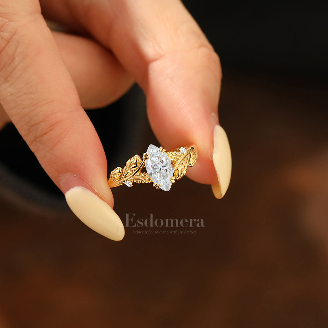 Elegant Artistic Leaf Moissanite Ring 14K Gold Nature Inspired Engagement Ring