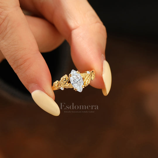 Elegant Artistic Leaf Moissanite Ring 14K Gold Nature Inspired Engagement Ring