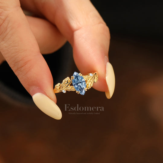 Artistic Leaf Marquise Blue Grey Moissanite Engagement Ring Botanical Inspired Ring For Women