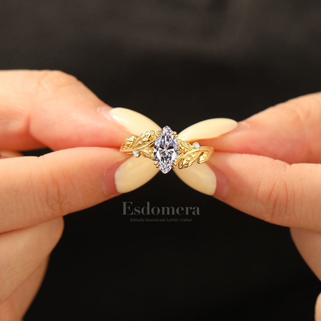 Double Claw Setting	Marquise Cut Lab Grown Diamond Engagement Ring Foliage Textured Wedding Ring (IGI Certified)