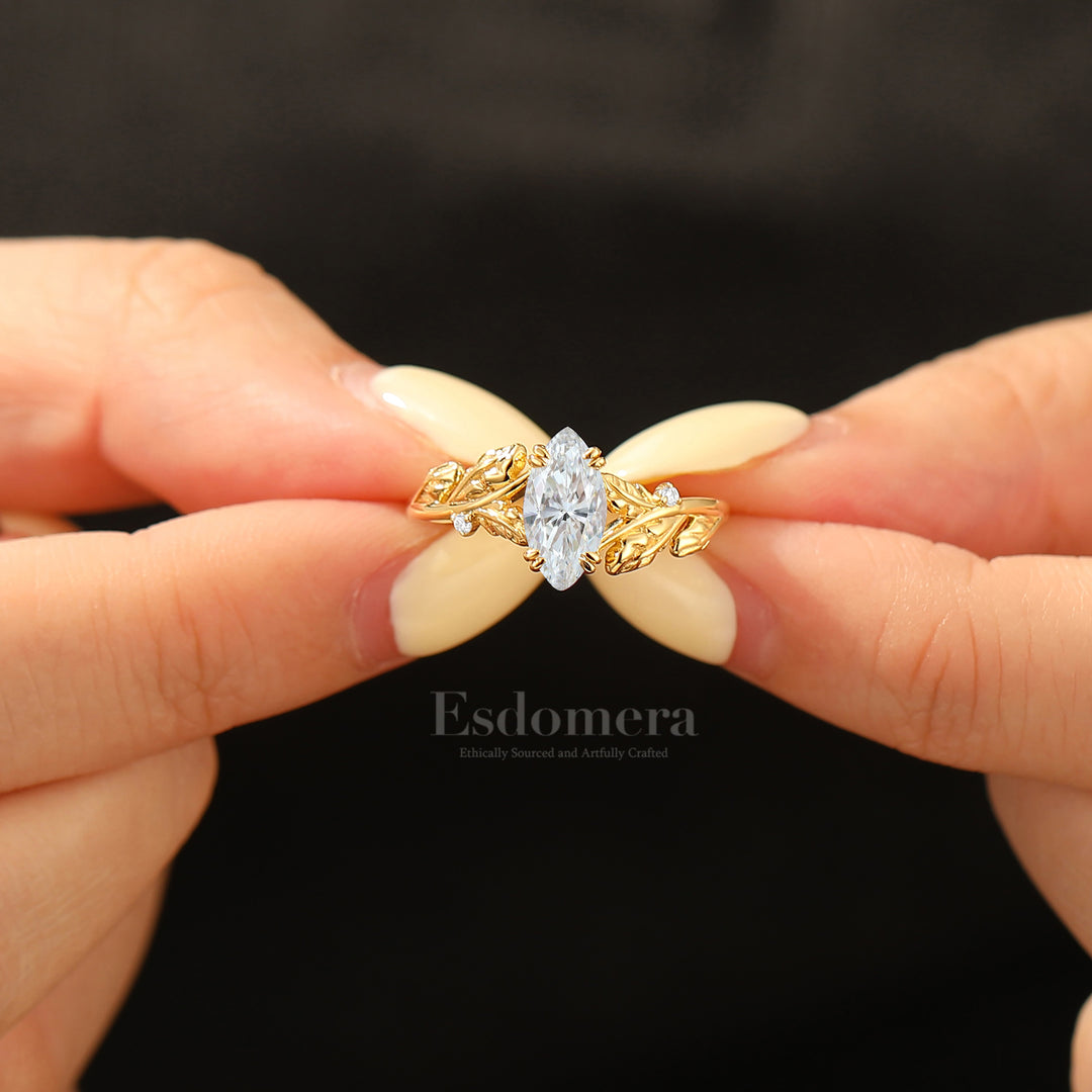 Elegant Artistic Leaf Moissanite Ring 14K Gold Nature Inspired Engagement Ring