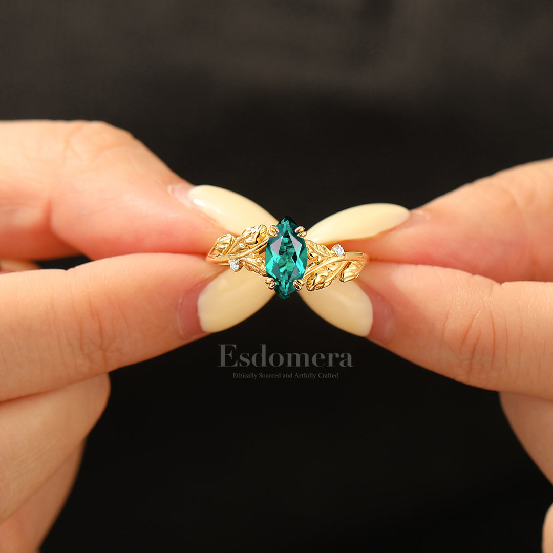 Artsy Twig Sprig 1CT Marquise Emerald Wedding Ring Double Prong Setting Solid Gold Bridal Ring