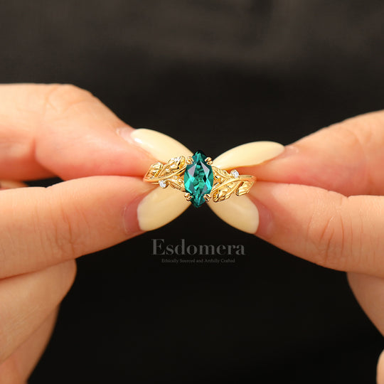 Artsy Twig Sprig 1CT Marquise Emerald Wedding Ring Double Prong Setting Solid Gold Bridal Ring