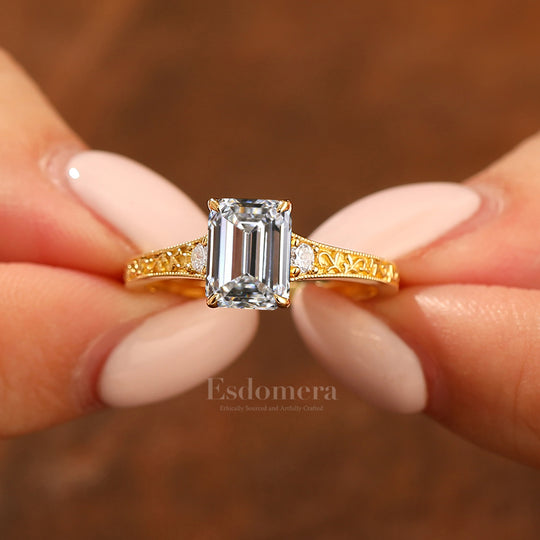 Unique Filigree 2CT Vintage Style Emerald Cut Lab Grown Diamond Promise Ring (IGI Certified)