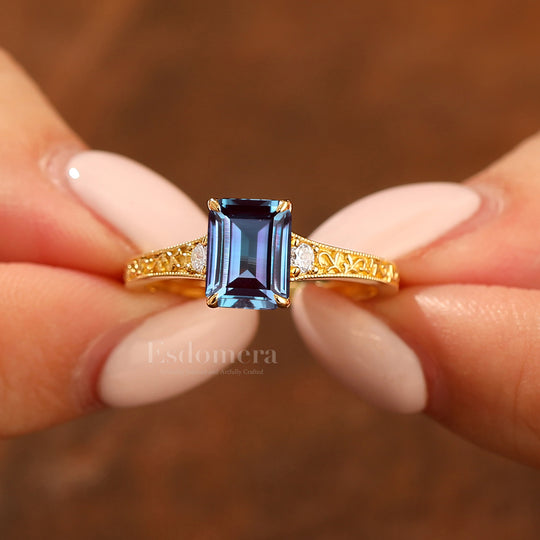 Retro Scrollwork Engraved 2CT Emerald Cut Alexandrite Bridal Ring Vine Wedding Ring For Her