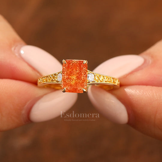 2CT Emerald Cut Sunstone Bridal Ring Yellow Gold Band Engraved Floral Wedding Ring For Women
