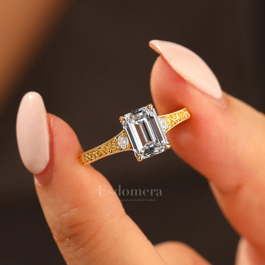 Unique Filigree 2CT Vintage Style Emerald Cut Lab Grown Diamond Promise Ring (IGI Certified)