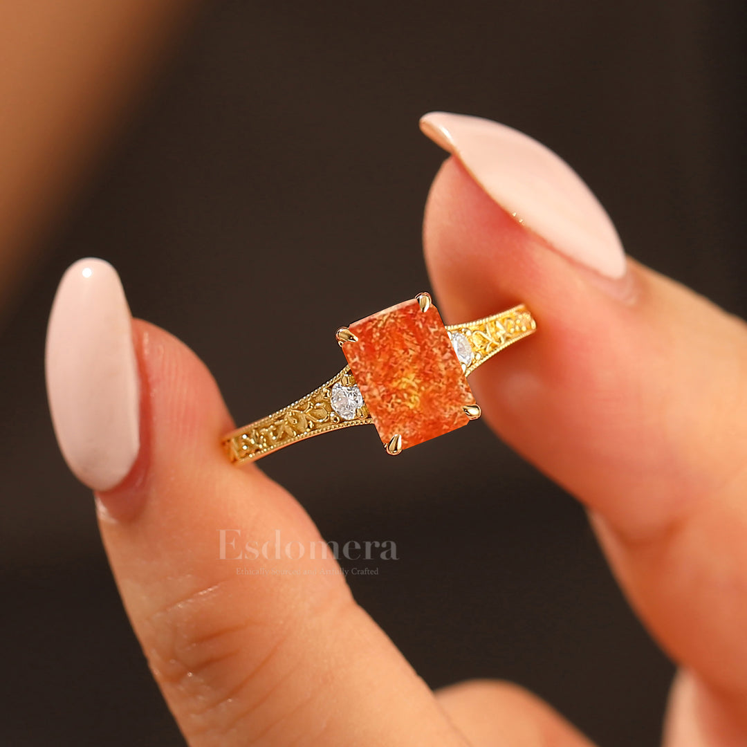 2CT Emerald Cut Sunstone Bridal Ring Yellow Gold Band Engraved Floral Wedding Ring For Women