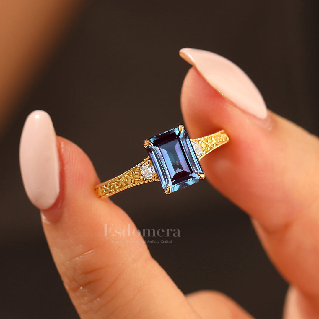 Retro Scrollwork Engraved 2CT Emerald Cut Alexandrite Bridal Ring Vine Wedding Ring For Her