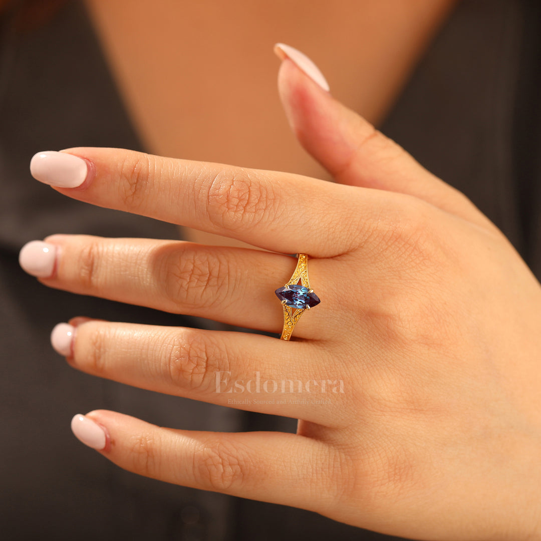 Solitaire 1CT Marquise Cut Alexandrite Filigree Ring Vintage Split Shank Bridal Ring