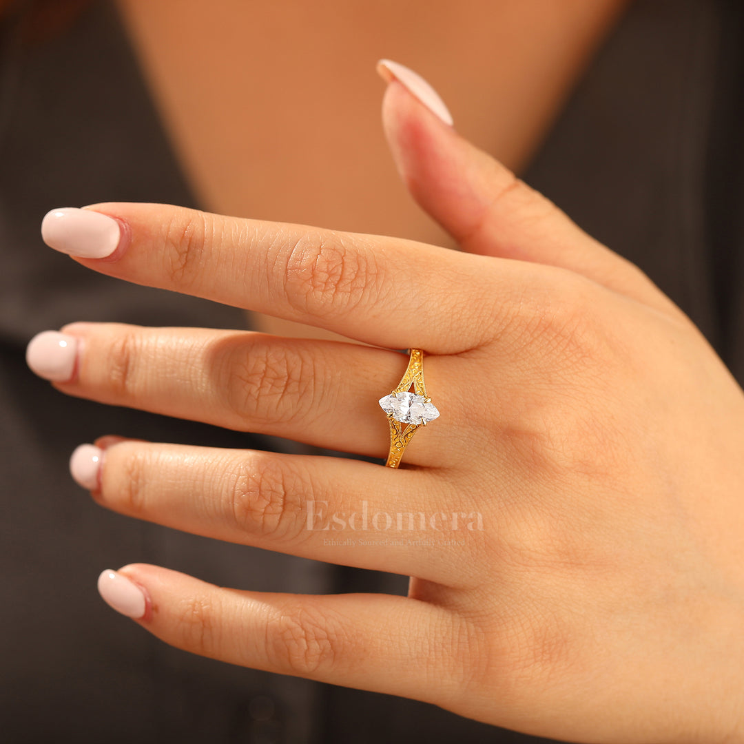 Solitaire 1CT Marquise Cut Moissanite Filigranring Vintage Split Shank Moissanite Verlobungsring