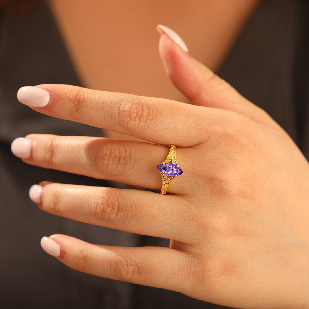 Vintage 4 Prongs Marquise Cut Amethyst Wedding Ring Split Shank 14K Yellow Gold Women Ring