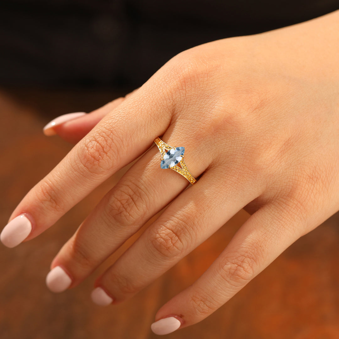 Vintage Split Shank Marquise Cut Aquamarine Engagement Ring Solid Yellow Gold Women Ring