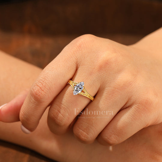 14K Vintage Marquise Solitaire Split Shank Lab Grown Diamond  Engagement Ring Yellow Gold Filigree Wedding RingYellow Gold 1CT Ring Marquise Cuat Wedding Ring (IGI Certified)