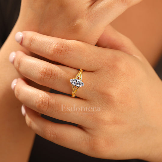 14K Vintage Marquise Solitaire Split Shank Lab Grown Diamond  Engagement Ring Yellow Gold Filigree Wedding RingYellow Gold 1CT Ring Marquise Cuat Wedding Ring (IGI Certified)