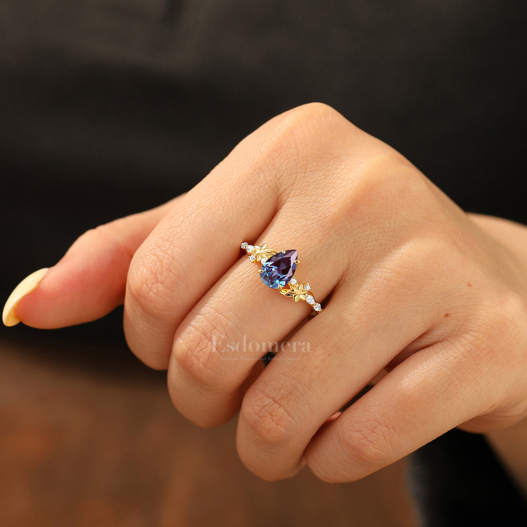 Sculpted Botanical Alexandrite Wedding Band Flowing Curves Band Side Accents Women Ring