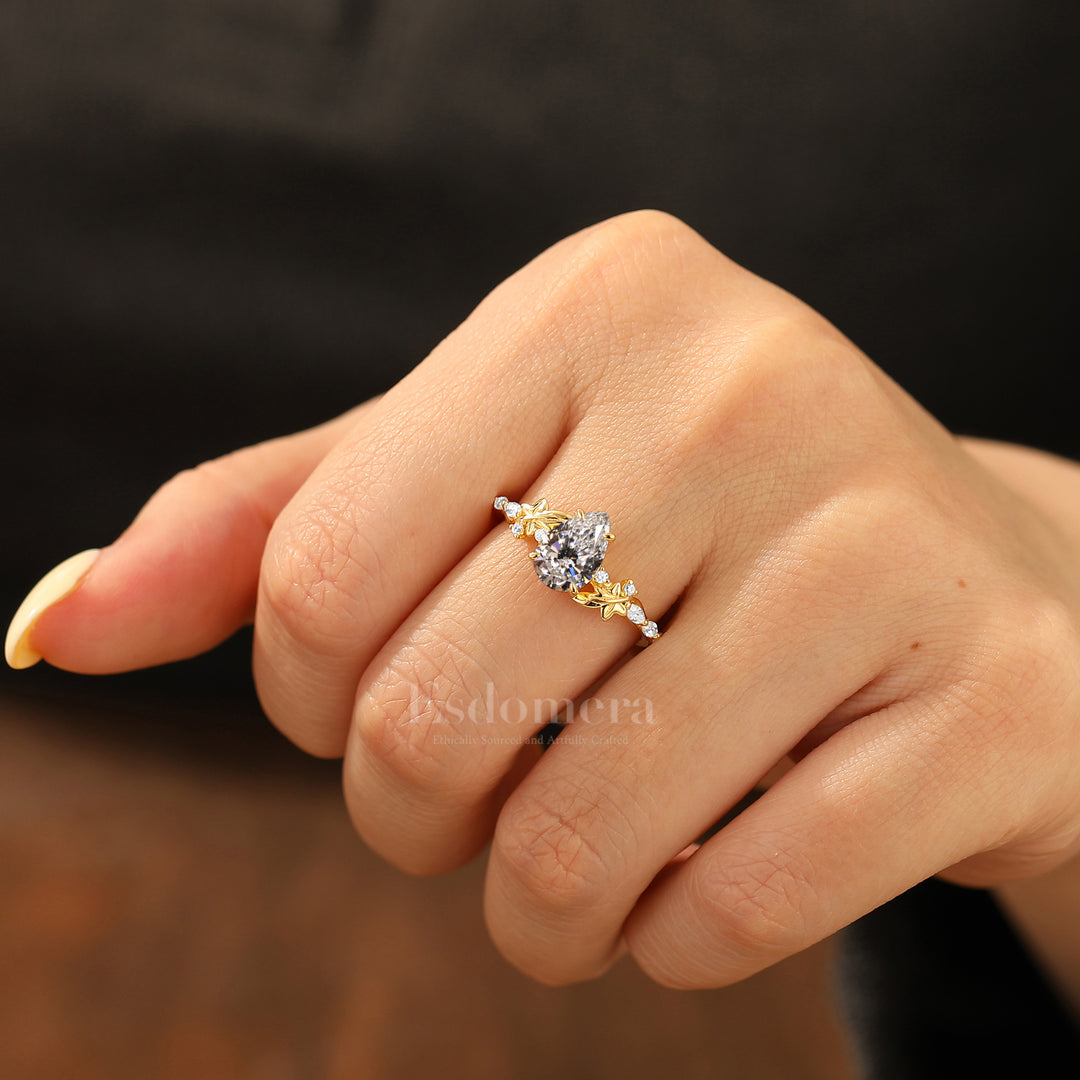 Fairytale Pear Cut Lab Grown Diamond Engagement Ring Carved Leaf Wedding Ring For Her (IGI Certified)