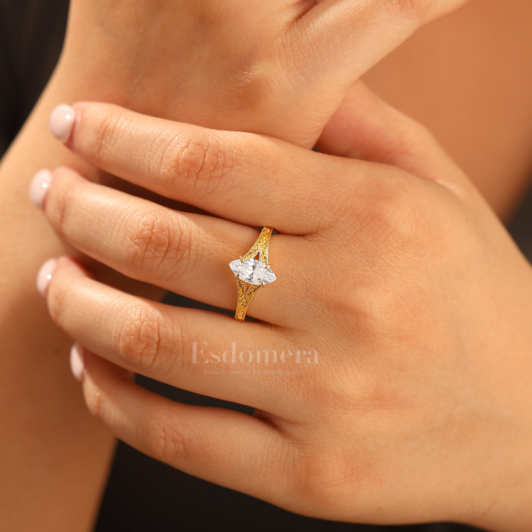 Solitaire 1CT Marquise Cut Moissanite Filigranring Vintage Split Shank Moissanite Verlobungsring
