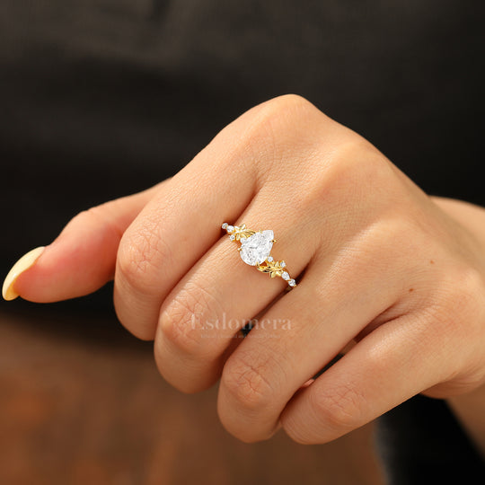 Ethereal Pear Cut Moissanite Women Wedding Ring Leaf Motif Engagement Ring