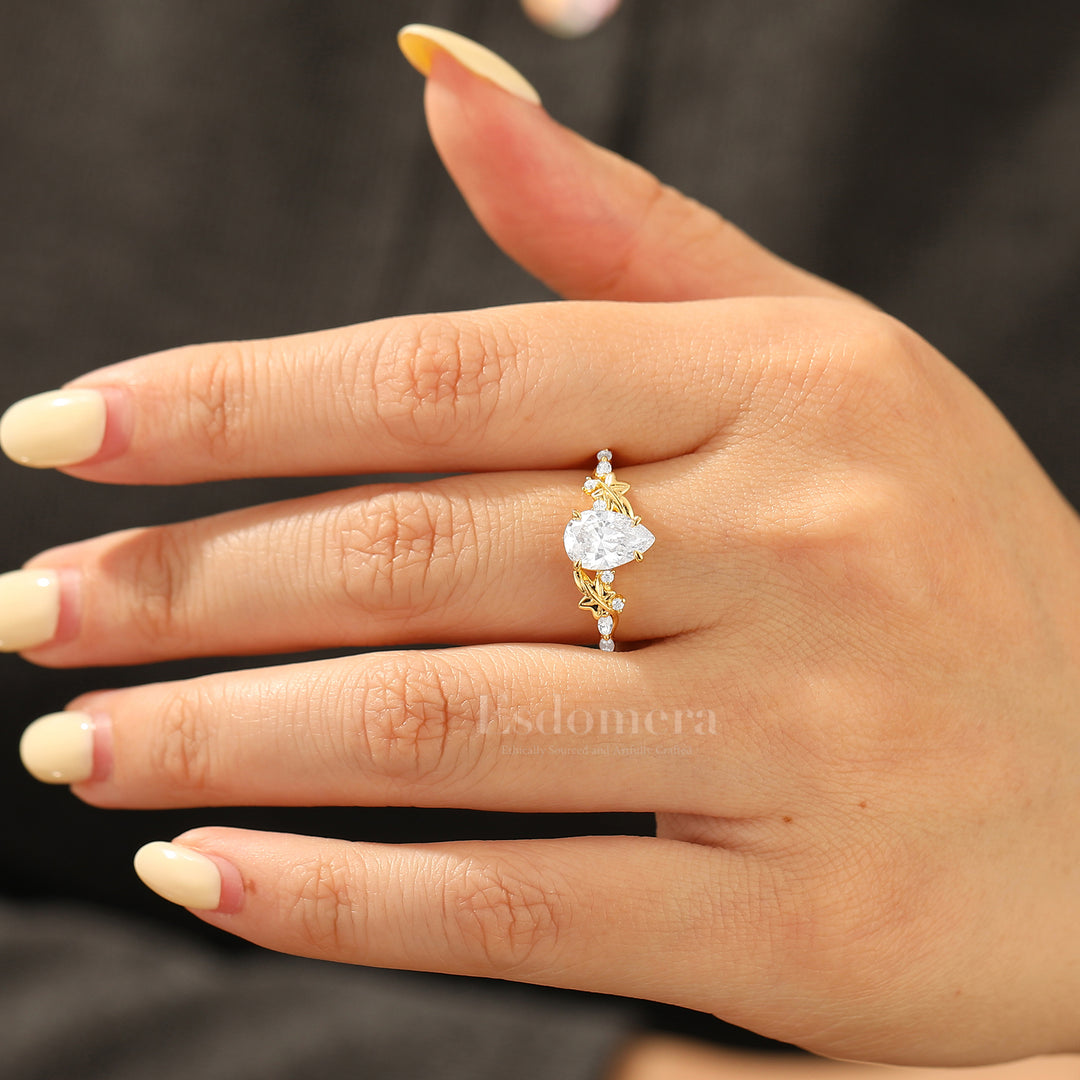 Ethereal Pear Cut Moissanite Women Wedding Ring Leaf Motif Engagement Ring