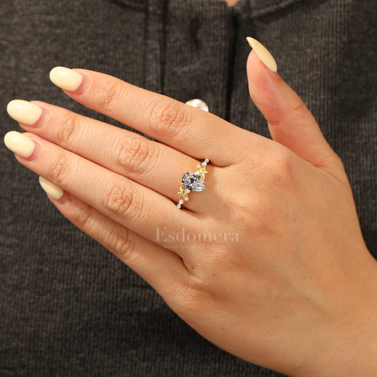 Fairytale Pear Cut Lab Grown Diamond Engagement Ring Carved Leaf Wedding Ring For Her (IGI Certified)
