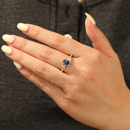 Sculpted Botanical Alexandrite Wedding Band Flowing Curves Band Side Accents Women Ring