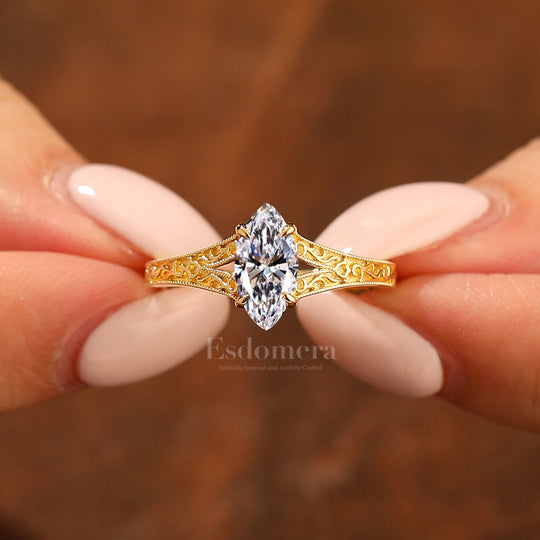 14K Vintage Marquise Solitaire Split Shank Lab Grown Diamond  Engagement Ring Yellow Gold Filigree Wedding RingYellow Gold 1CT Ring Marquise Cuat Wedding Ring (IGI Certified)