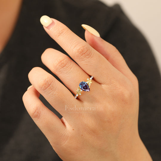 Sculpted Botanical Alexandrite Wedding Band Flowing Curves Band Side Accents Women Ring
