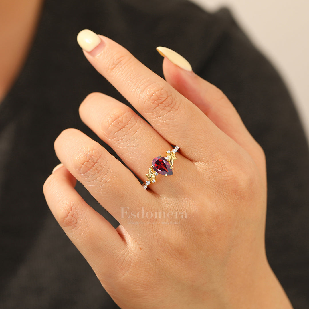 Fairycore Inspired Pear Cut Red Garnet Engagement Ring Botanical Design Women Fine Ring