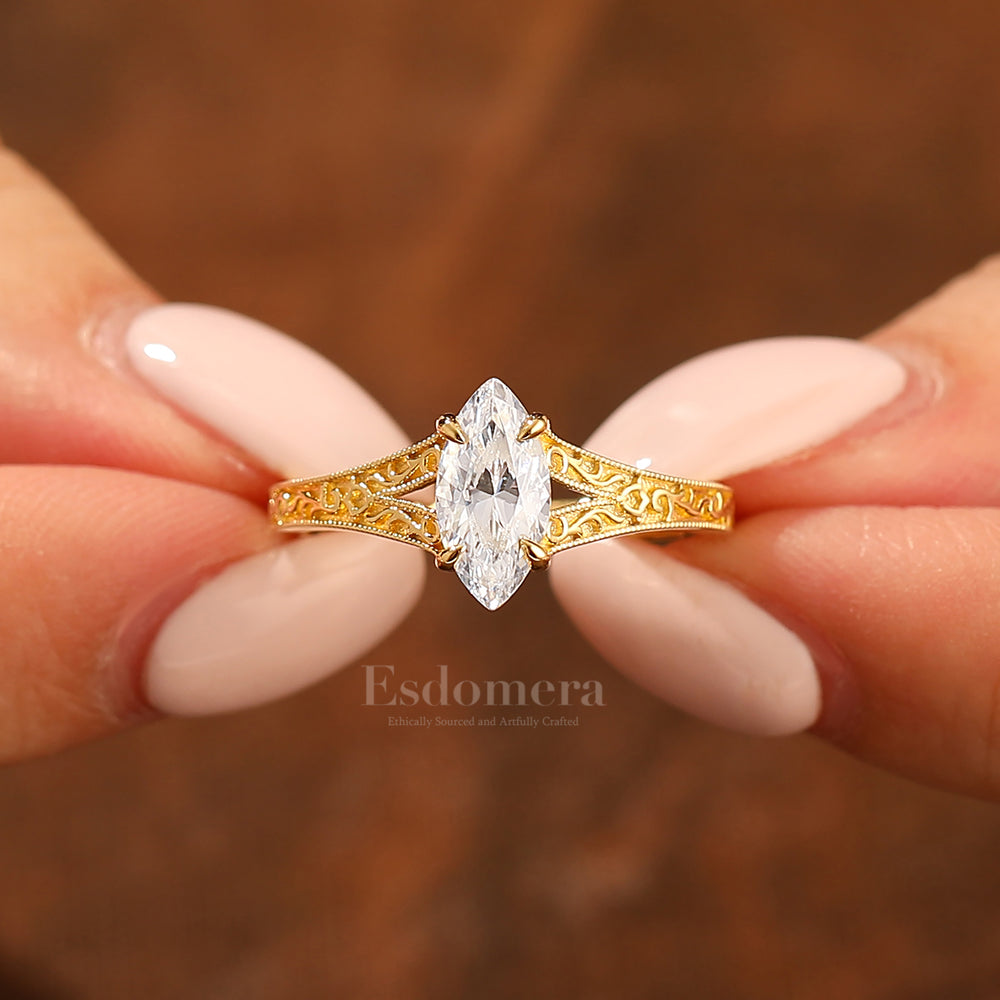 Solitaire 1CT Marquise Cut Moissanite Filigree Ring Vintage Split Shank Moissanite Bridal Ring