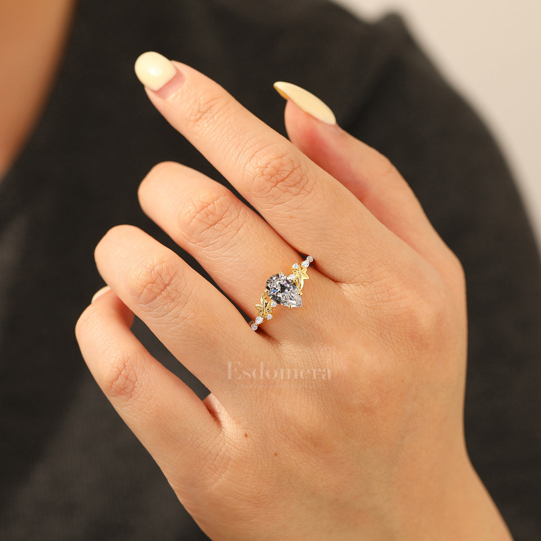 Fairytale Pear Cut Lab Grown Diamond Engagement Ring Carved Leaf Wedding Ring For Her (IGI Certified)
