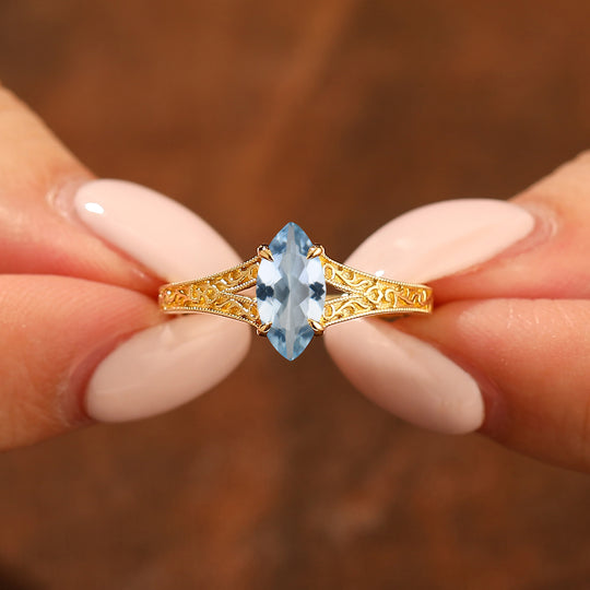 Vintage Split Shank Marquise Cut Aquamarine Engagement Ring Solid Yellow Gold Women Ring
